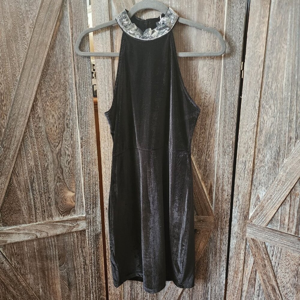 Yoins Black Sleeveless Cocktail Mini Dress Size L 12 Velvet Stretch Glitter NWT